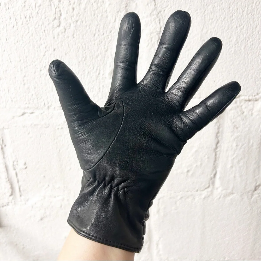 Lauren Ralph Lauren Bridle-Belt Black Leather Gloves with Gold Accents EUC Sz M